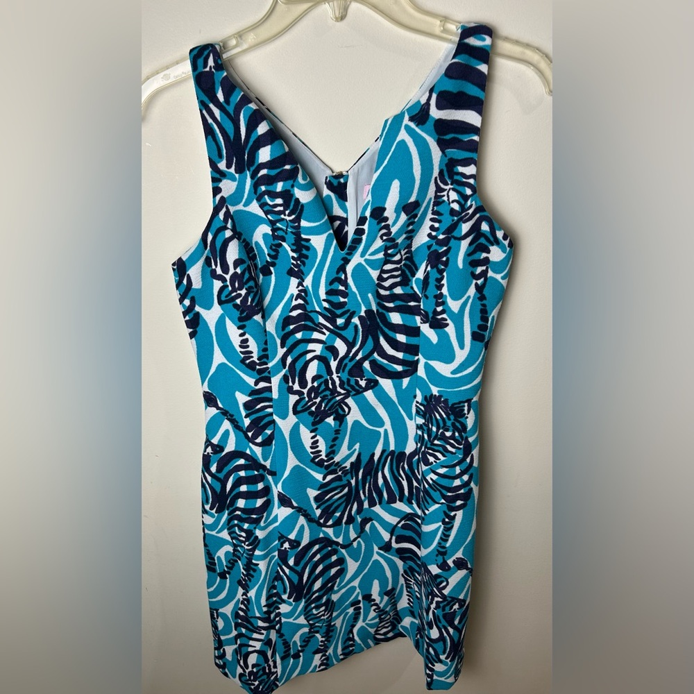 Lilly Pulitzer Madeline Shift Dress 4 Navy Turquoise Zebra Print‎ Preppy Resort